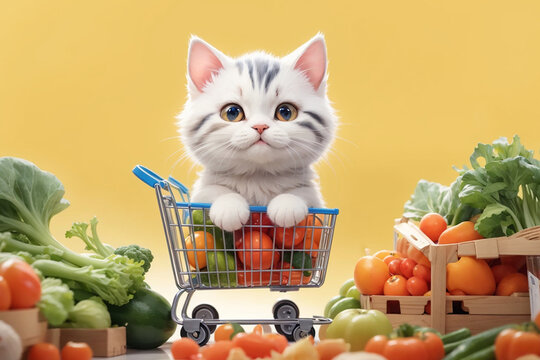 kawaii cute cat is in the shopping bag, with vegetables.
