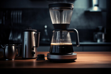 Coffee maker for making and brewing coffee at home. Coffee blender and household kitchen appliances for making hot drinks