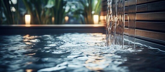 Blurred water movements from shower in Jacuzzi pool with wooden blinds