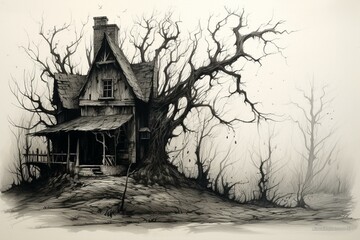 Eerie shack amidst trees, eerie house drawing. Generative AI