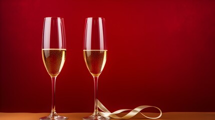 Two isolated Champagne Glasses in front of an burgundy Background. Festive Template for Holidays and Celebrations