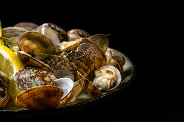 Vongole clams with lemon and herbs close-up in a plate, free space.