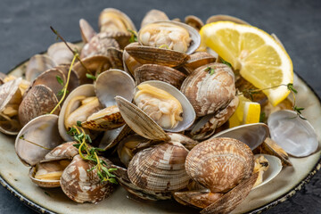 Vongole ready with lemon and thyme in a plate close-up.