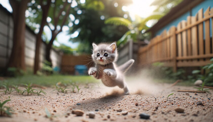  Photo of a tiny cat, its paws kicking up dust, racing with enthusiasm across a backyard with trees...