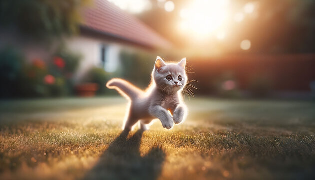 Photo depicting a small cat, its body stretched in full stride, running spiritedly on a lawn in a backyard, under the soft glow of sunlight