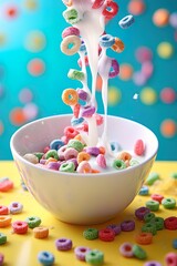 Pouring tasty cereal rings and milk into bowl on vibrant colorful background. Generative Ai