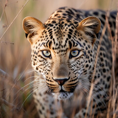 Obraz premium Portrait of a Leopard, in the style of graphite realism, fog, realistic, monochrome, ivory, dynamic pose