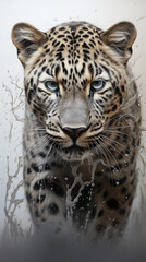 Portrait of a Leopard, in the style of graphite realism, fog, realistic, monochrome, ivory, dynamic pose
