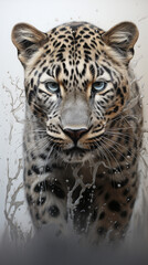 Fototapeta premium Portrait of a Leopard, in the style of graphite realism, fog, realistic, monochrome, ivory, dynamic pose
