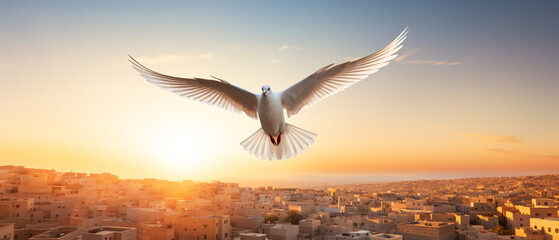 White dove with wings wide open in the blue sky air. Spirit of god background banner panorama. International Day of Peace concept. Generative ai - obrazy, fototapety, plakaty