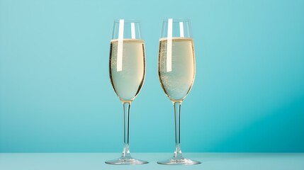 Two isolated Champagne Glasses in front of an cyan Background. Festive Template for Holidays and Celebrations