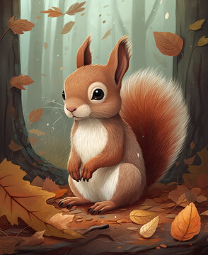 Caricature of a squirrel in the autumn forest.