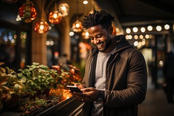 Attractive man looking happily with his smart phone