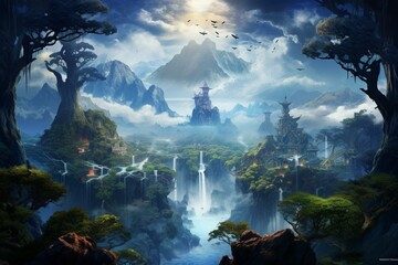 Mystical landscape with magical creatures, intricate details, and breathtaking views. Generative AI