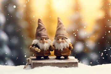 Group of elf dolls in a snowy and Christmas atmosphere