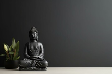 Simple black and white Buddha sculpture with empty space. Generative AI
