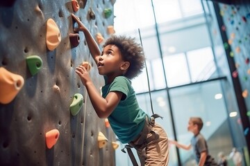 African child boy sports exercises climbing on climbing wall - obrazy, fototapety, plakaty