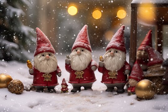 Group of elf dolls in a snowy and Christmas atmosphere