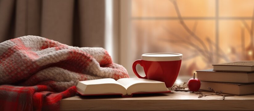 Cozy reading scene with coffee books and a warm blanket for cold weather