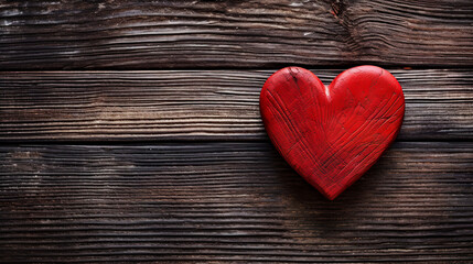Fototapeta premium A red wooden heart on a wooden background. Wooden heart shape in bright colors. Love concept repurposed in wood.