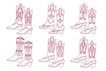 Set of cowgirl boots. Outline cowgirl boots with decorative details. Sketch. Vector