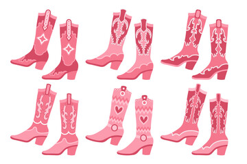 Set of pink cowgirl boots. Pink cowgirl boots with decorative details. Various cowgirl boots, stickers. Cowboy western theme, wild west, texas. Illustration. Vector - obrazy, fototapety, plakaty