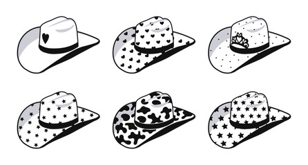 Set of stickers, cowgirl hats. Black and white hats with hearts, stars, crown. Icons for kids. Vector