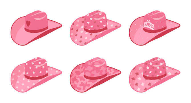 Set of pink cowgirl hats. Pink hats with hearts, stars, crown. Icons for kids. Vector
