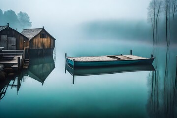 An evocative lake dock engulfed by thick fog, with dimly visible shapes of boats and structures - Powered by Adobe