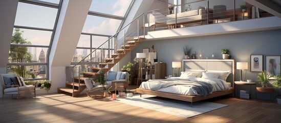 Contemporary loft with mezzanine parquet floor and panoramic windows Studio apartment open space bedroom kitchen and balcony terrace with gray interior design representation - obrazy, fototapety, plakaty