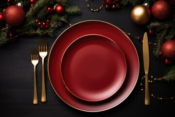 A beautifully decorated Christmas dinner table with red place settings, silverware and holiday...