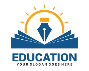 Education logo with Book, pen, sun design  vector template.