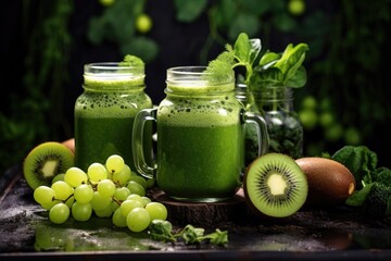 A fresh and vibrant green smoothie in a glass, filled with nutritious ingredients like kiwi, cucumber, spinach and apple.
