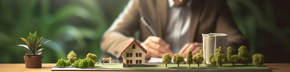 House model on the table. Man with pen sitting at bank office on background. Concept of mortgage, insurance and loan. Buying house, real estate  - obrazy, fototapety, plakaty
