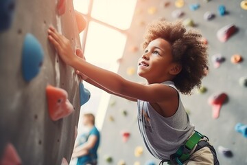 African child boy sports exercises climbing on climbing wall - obrazy, fototapety, plakaty