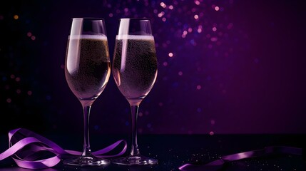 Two isolated Champagne Glasses in front of an dark purple Background. Festive Template for Holidays and Celebrations