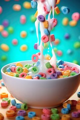 Pouring tasty cereal rings and milk into bowl on vibrant colorful background. Generative Ai