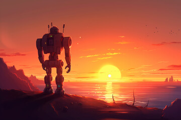 3d render of a robot on top of the mountain at sunset