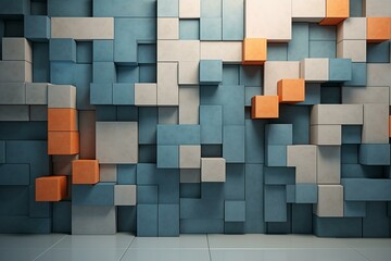 Arranged tiles on a glossy wall with a futurist, concrete background made of arabesque blocks. A 3D rendering. Generative AI