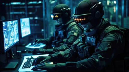 Fotobehang Military at computers in a dark room © cherezoff