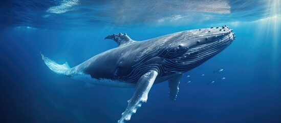 A young humpback whale frolics near the top in clear sea - obrazy, fototapety, plakaty