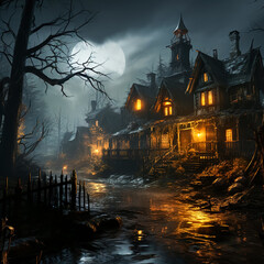 Foggy Night Castle Lights Illuminate the Enigmatic Beauty 3d illustration high quality halloween