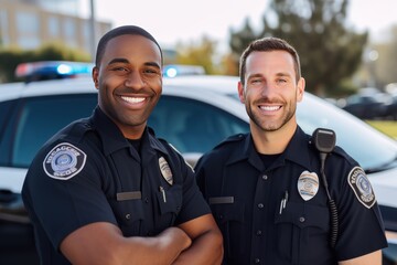 African American police officer and white police officer stand together. African American cop with white cop pose. African American with European colleague pose against police car before shift
