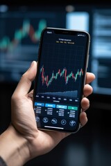 Crypto trader holds modern smartphone displaying fluctuating digital currency market. Investor constantly analyzes data staying informed to make well-thoughtful decisions to impact investments - obrazy, fototapety, plakaty