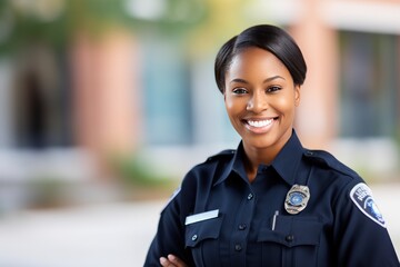 Portrait of black woman cop demonstrating dedicated smiling officer. Official uniform serves as symbol of honor and source of inspiration reminding people of commitment to serve with protect - obrazy, fototapety, plakaty