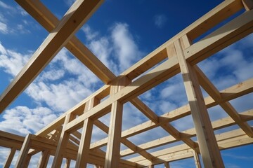 Detail of wooden house frame reveals craftsmanship and sturdiness into construction. Wooden frame of house without ceilings demonstrates decisions with structural sturdiness integral to construction