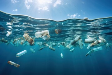 The presence of plastic waste in the ocean is a serious environmental problem. Serious environmental threat from plastic waste in the ocean. A critical issue that threatens marine life and ecosystems. - obrazy, fototapety, plakaty