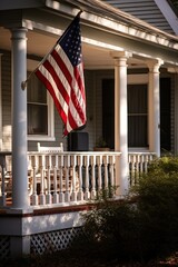Presence of USA flag on building porch expresses patriotism reflecting love for country. USA flag on porch of house unmistakably radiates sense of patriotism signifying national allegiance