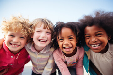 Group of cheerful happy multiethnic children outdoors