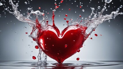heart in water  A red heart bursting out of a water splash. The heart is vibrant and energetic 